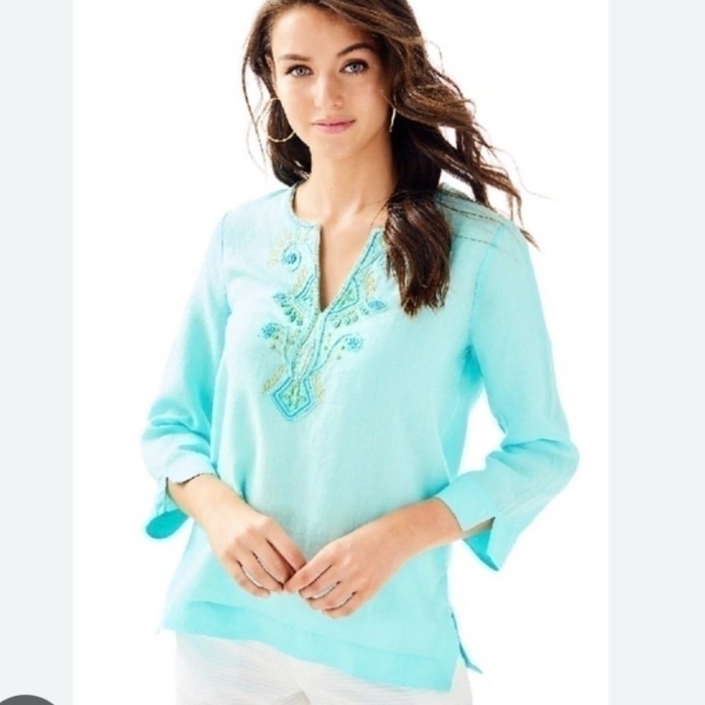 Lilly Pulitzer Amelia Island Tunic Top Metallic Embroidered 100% Linen Size M